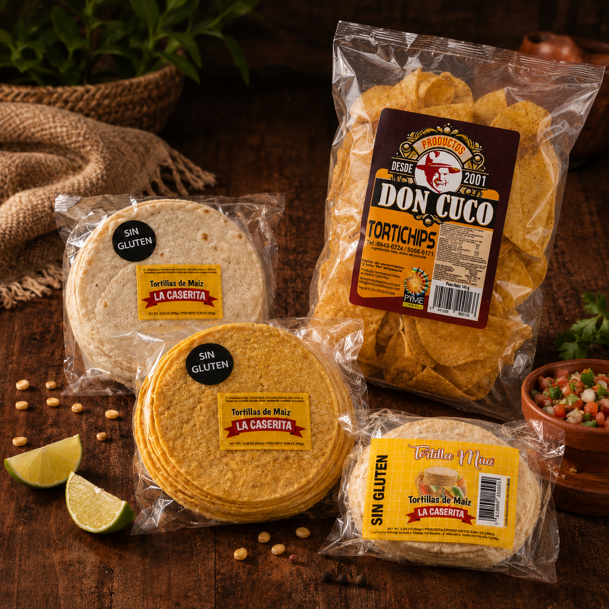Complementos: tortillas blancas, tortillas amarillas y chips en Carnicería La Orquídea