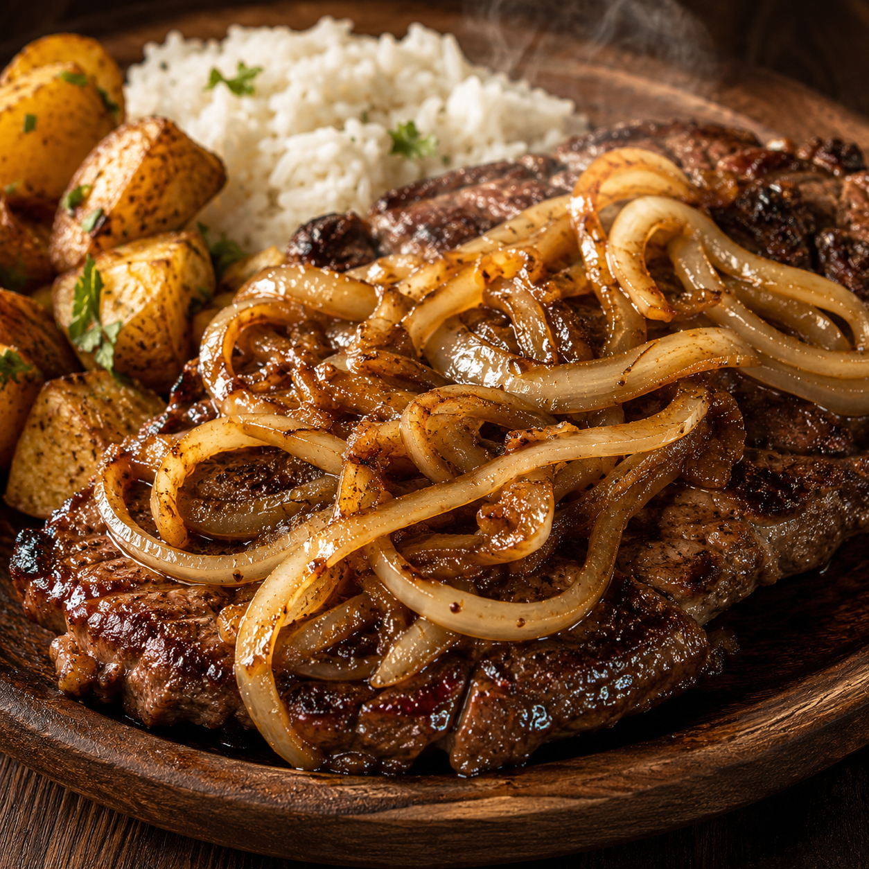 Bistec encebollado con cebolla caramelizada