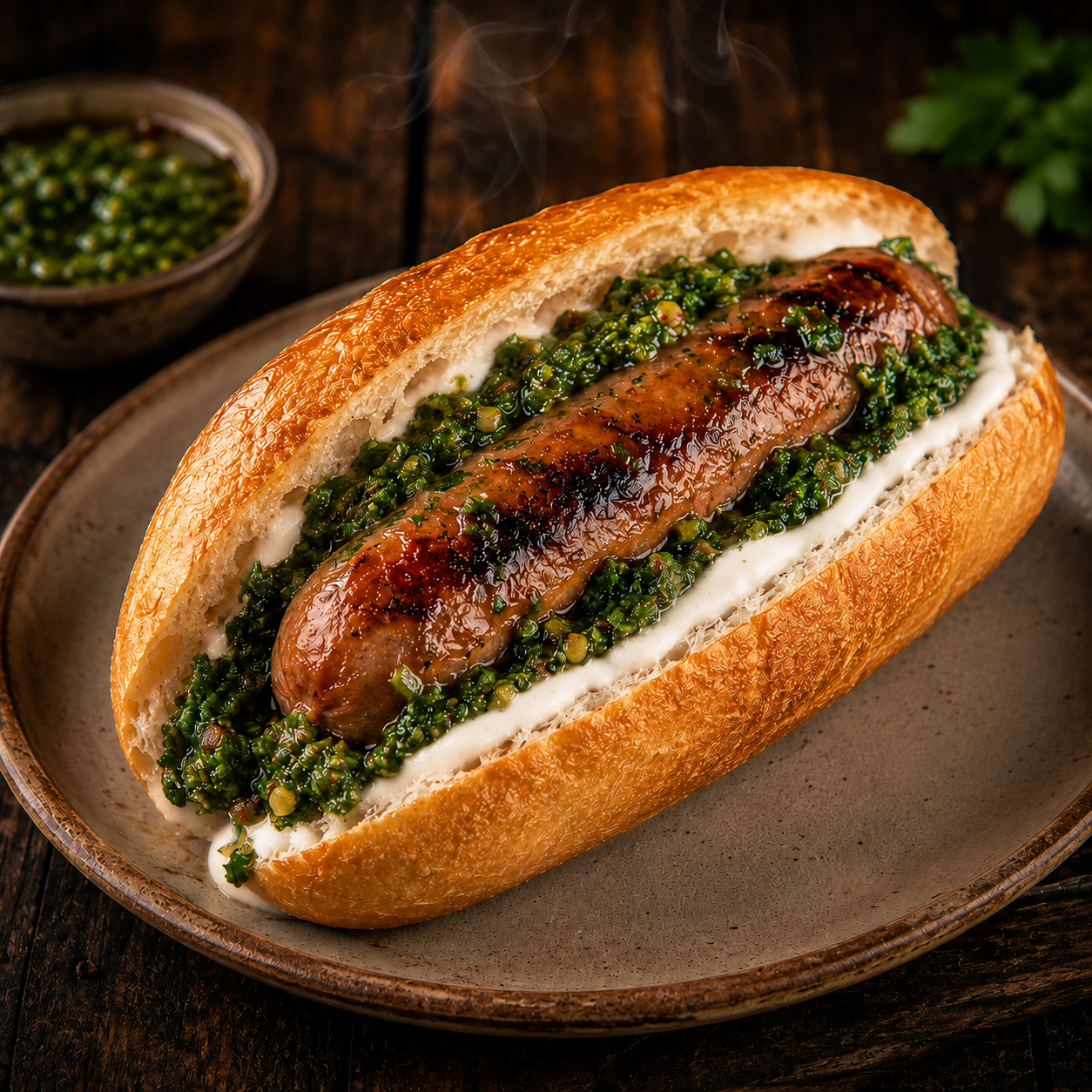 Choripán con chorizo artesanal, chimichurri y mayonesa