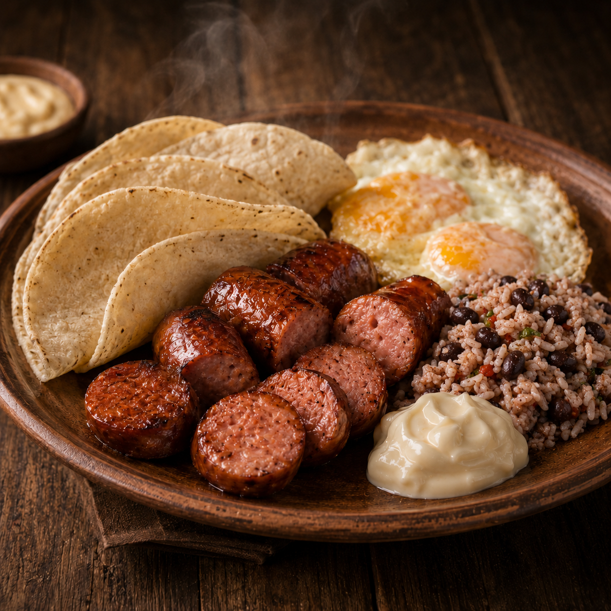 Chorizo artesanal con tortillas, huevos y gallo pinto